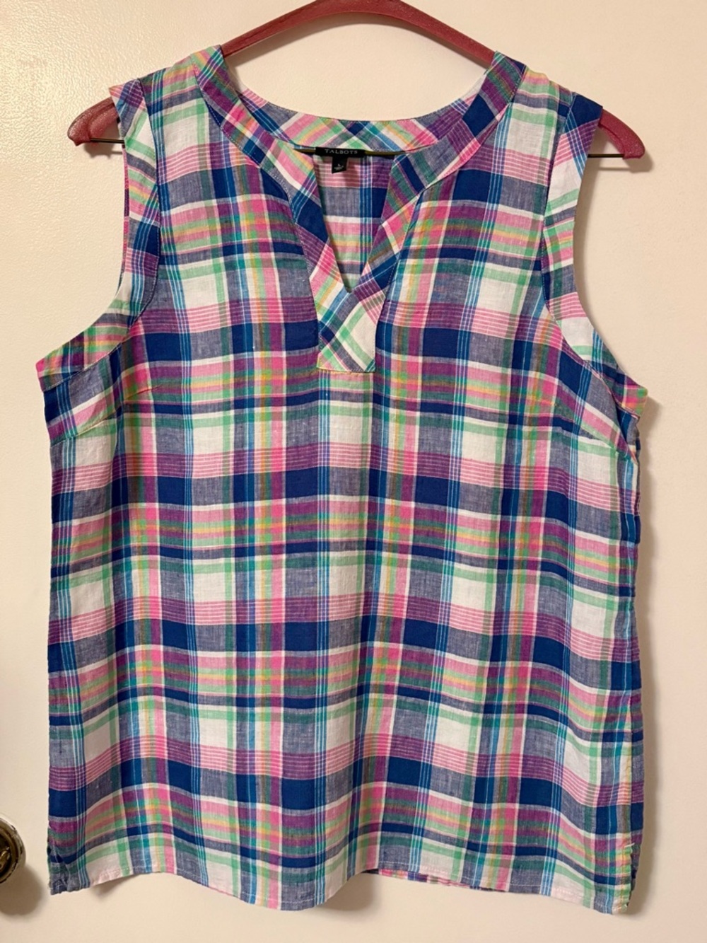 Talbots Linen Plaid Sleeveless Split-Neck Blouse - Blue, Pink & Green Large